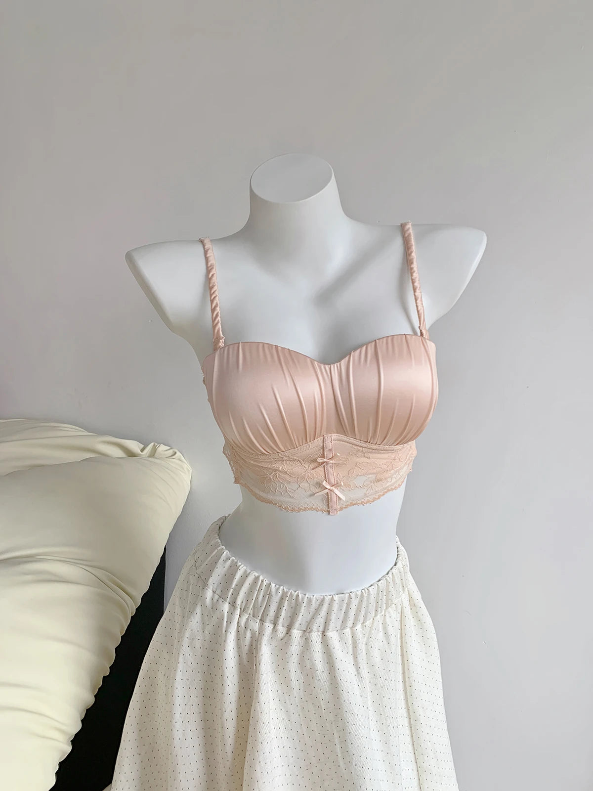 Elegant Luxury Lace Satin Bra for Petite Small Bust Women Sexy Gathered Back Design Push Up Comfort Soft Intimate Lingerie