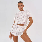 Summer Pajama Set for Women's Sleepwear Home Wear with Heart Print Casual Round Neck Short Sleeve Shorts Two-piece Set