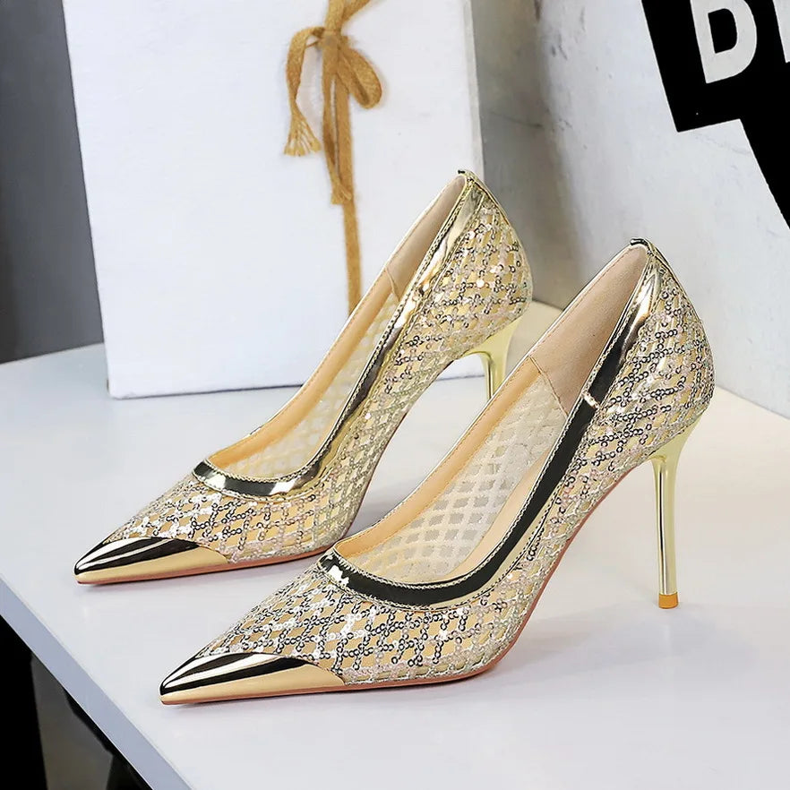 BIGTREE 2026 Fashion Metal Decoration Mesh Hollow Pointed Toe Woman Pumps Thin Heels Party Ladies Shoes Zapatillas De Mujer