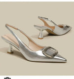 Brand Woman Slingback Shoes FashionSpring New Ladies High Heels Elegant Med Heel Pointed Toe Slip on Sandal Mules