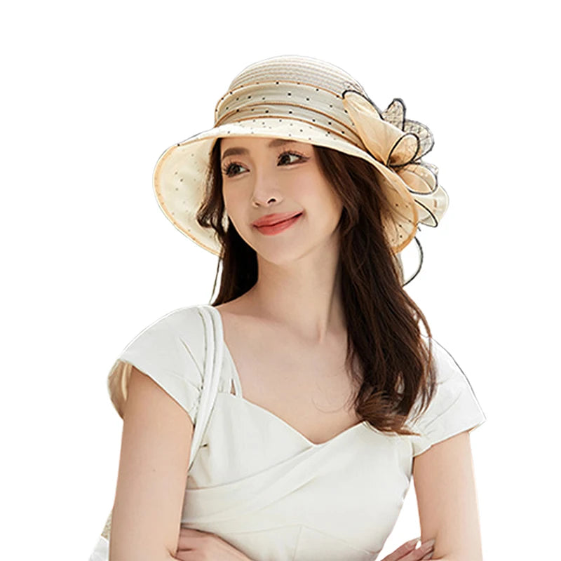 Women's Organza Flower Sun Hat Wide Brim Bucket Cap Wedding Church Dress Hat Fascinator Bridal Tea Party Hat