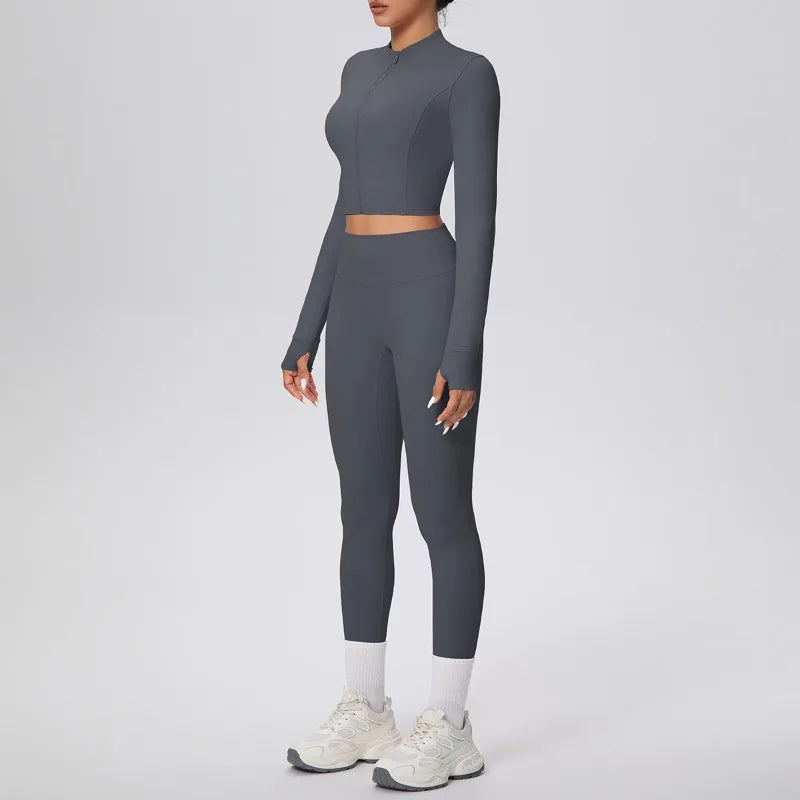 New Women Yoga Set Solid Color Double-Sided Brushed Bare Feel Short Long-Sleeve Jacket Tight Pants Running Fitness 2-Piece Set
