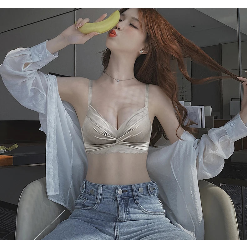 MOYISU Lingerie Women's Small Chest Gathering Summer No Underwire Retraction Breast Anti-sag Flat Bra Cover Underwear Set
