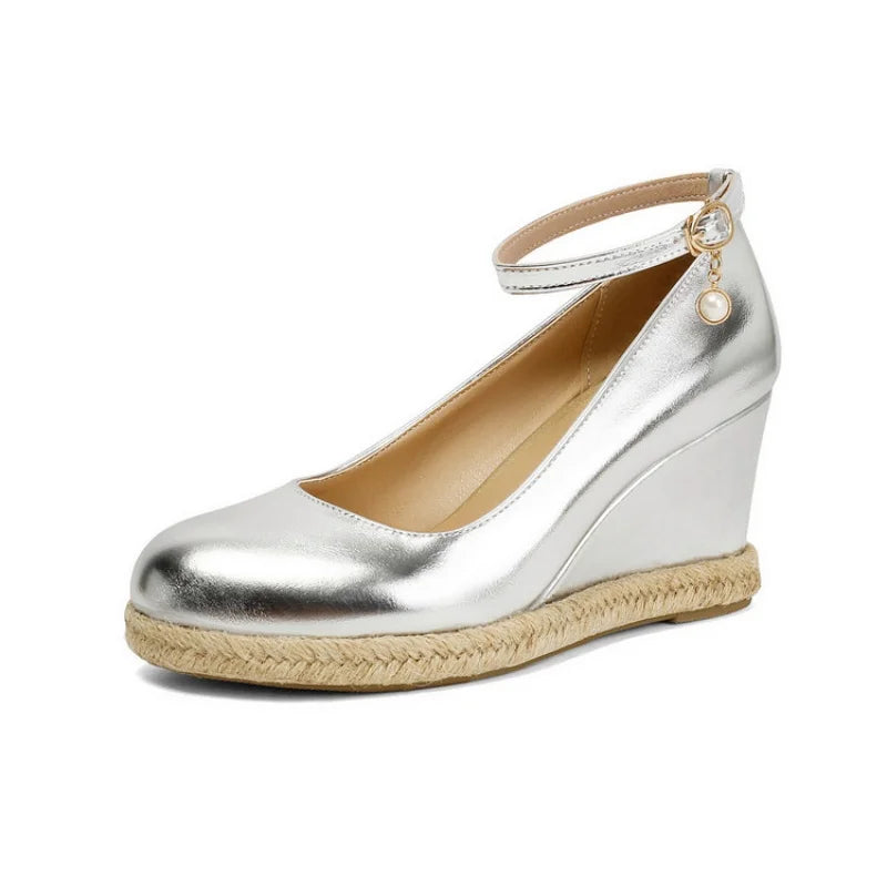 Concise Classic Women Ankle Strap Pumps 2026 Autumn Spring Shoes Wedge High Heels Beads Silver White Plus Size Daily 43