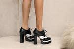 Bright Patent Leather Patchwork White PU Lace Up High Heels with Breathable Lining, Wavy and Serrated Patterns, Sweet Pumps