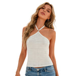 Women Solid Color Knit Tank Tops Gold Bead Tie-Up Halter Neck Sleeveless Crochet Vests Summer Backless Crop Tops