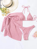2026 New 3 Pieces Set Swimsuit Women Thong Swimwear Sexy Micro Bikini Set With Sarong Skirt White Beachwear Bathing Suit Pink