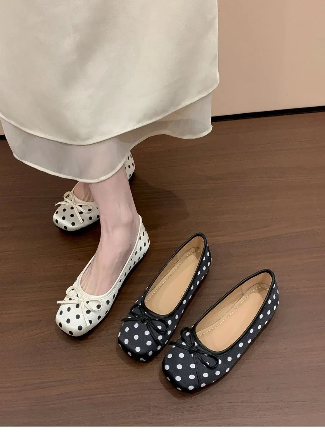 New Butterfly-knot Women Dot Ballet Flats Comfort Square Toe Slip on Shoes Ladies Eelgant Soft Sole Dress Mary Jane Shoes