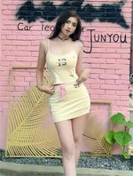 Hot Girl Two-piece Suit Printed Slimming Suspender Low Waist Drawstring Short Skirt Suit