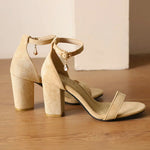 Beige Suede Ankle Strap Block Heel Sandals for Women, Round Open Toe with Rhinestone Accent, Multiple Colors Available