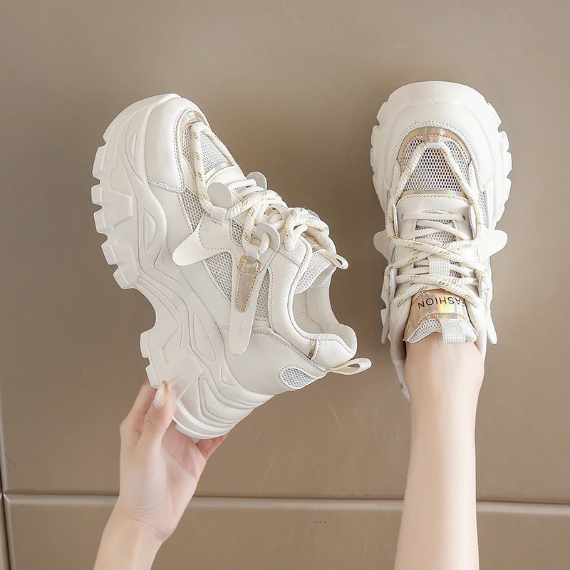 Breathable Chunky White Sneakers for Women Fashion Laser Thick Bottom Vulcanize Shoes Woman 2025 Lace Up Platform Running Shoes