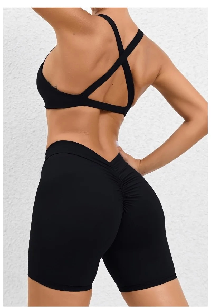 Seamless Yoga Fitness Sets Women High Waist Hip-Lifting Shorts & Sports Bra Workout for Running Gym