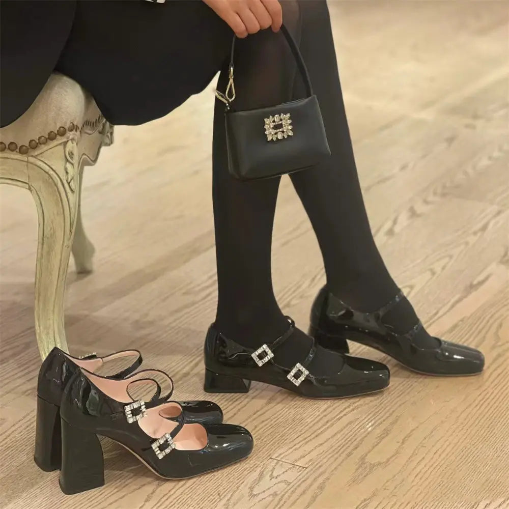 2026 Brand Design Women's Mary Janes Heels Shoes Summer Vintage Black Shoes Sweet Elegant Crystals Rhinestones Lady Pumps