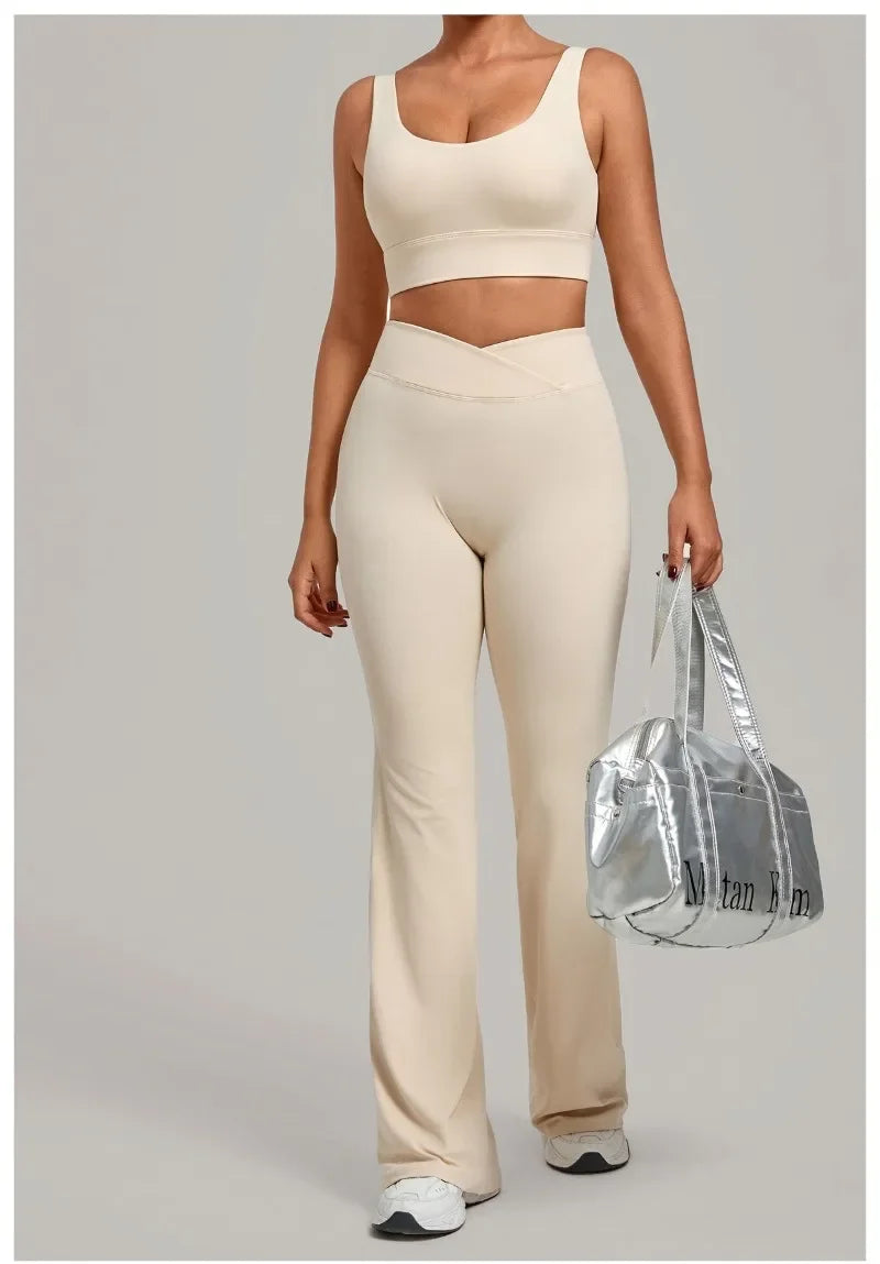 Women's Seamless Yoga Sets Sports Fitness Hip-lifting High Waist Flared Pants Backless Bra Suits Training WorkoutLeggings Sets