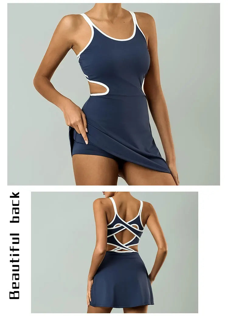Tennis Dress Women Sleeveless Push Up Padded Sport Dresses Training Running Fitness Hollow Out Backless Slim Badminton Suit