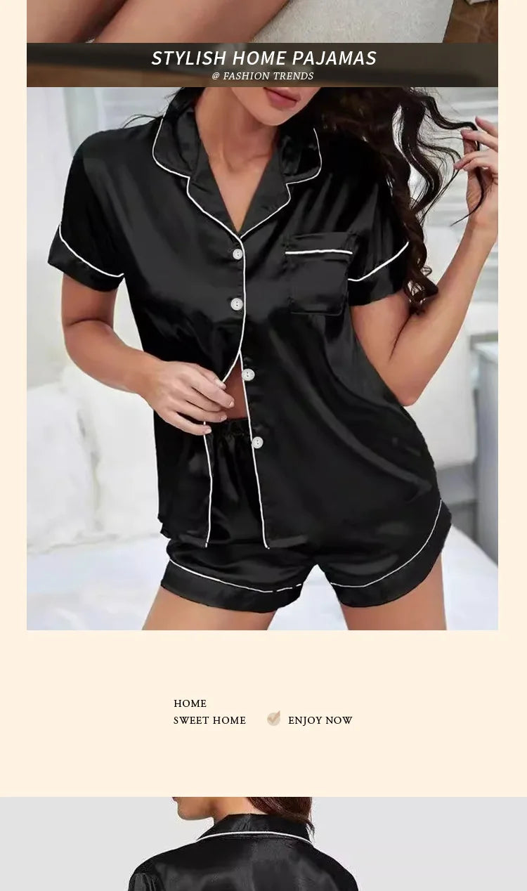 Sweet Simple Ice Silk Pajamas for WomenThin Short-sleeved Home Clothes Suit Nightwear Women's Pajamas Set Nightie Summer