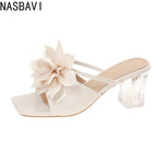 SummerFresh Square Toe Open Toe Flower Slippers Women's Bow Temperament Non-Slip High Heel Beach Sandals Green Beige 35-43 New