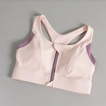 Women's sports and fitness bra with contrasting color design, shock-absorbing and gathered front zipper