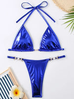 PU Leather Pearls Bikini Mini Micro Thong Bikinis Women Swimwear Female Swimsuit Two-piece Bikini Set Halter Bathing Suit Swim