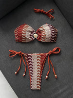 Sexy Coffee Striped Micro Bikini 2026 Women Bandeau Metal Shell Push Up Bra Bandage Thong Swimwear Beach Bathing Suit Swimsuit