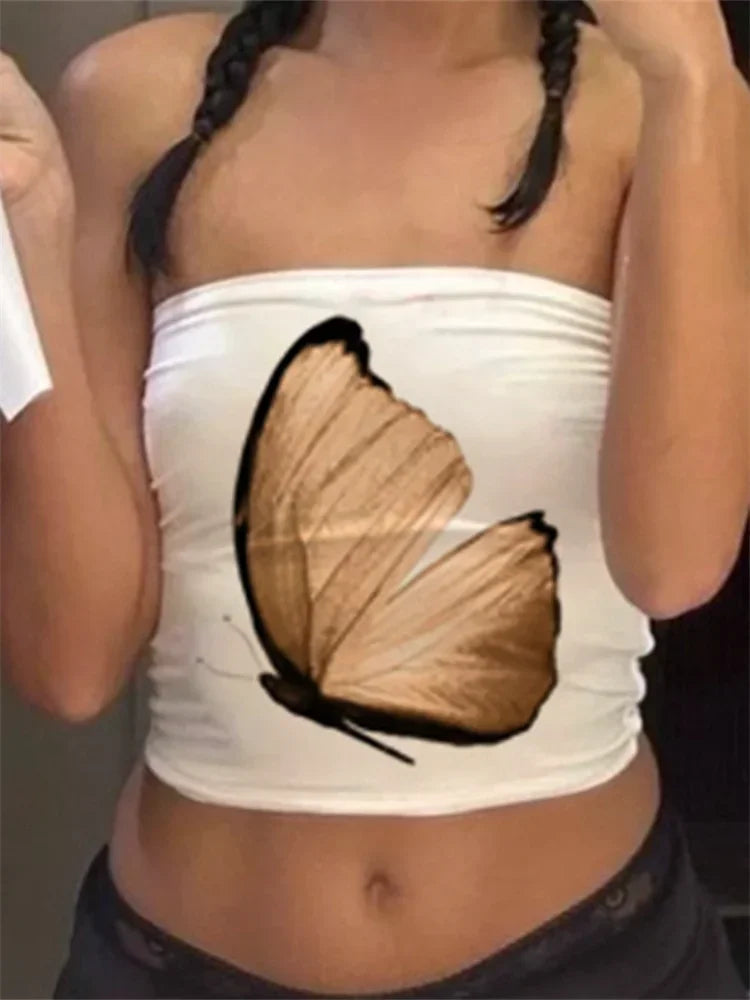 Women's Floral Print Tube Tops Summer Strapless Bandeau Tops Slim Fit Cropped Tank Shirts Streetwear