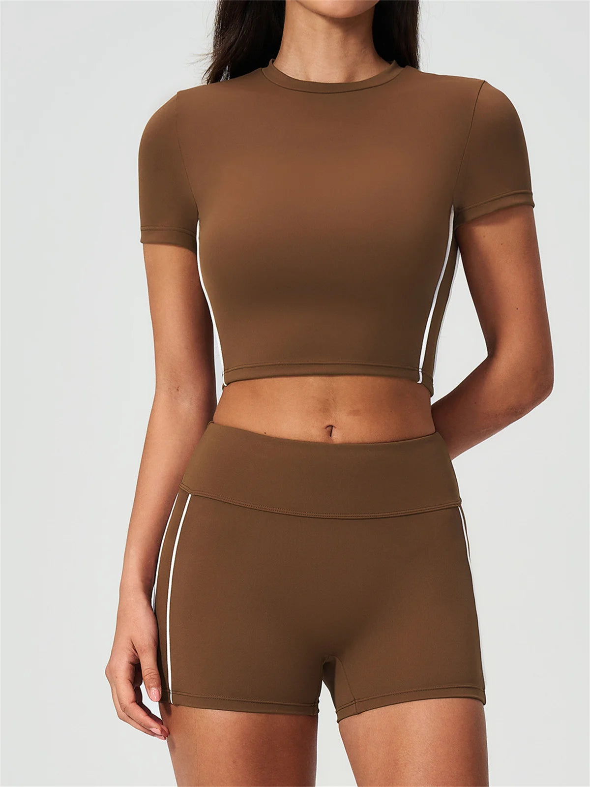Color Contrast Yoga Suit Women Short Sleeve O Neck Sports T Shirts Tracksuit Outwear High Waist Shorts Gym Running Fitness Suits