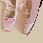 Balletcore Style Satin Lace-Up Flats for Women Black Ballerina Bow Detail Square Toe Ankle Wrap Ribbon Ballet Coquette Shoes