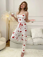 Women's Summer Sleepwear Casual Heart Pattern Red Ruffle Camisole + Red Heart Print Long Pants Pajamas Set