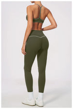 New Yoga Suit Women Color Blocked V-neck I Shape Sports Bra Fitness Clothes Summer Tight Running High Waist Leggings Tracksuit