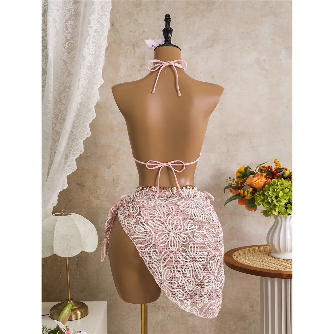 With Sarong Halter Printed Bikini Women Swimwear Female Swimsuit Padded Bather Bathing Suit Swim Three-pieces Bikini set K8073