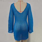 V Neck Long Sleeve Hollow Out Crochet Knitted Tunic Beach Cover Up Cover-ups Beach Dress Beach Wear Beachwear Female Women V7643