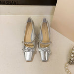 Women's High Heels Mary Janes Square Head Embellished with Water Diamonds Low Cut Knots Thick Heels Fashionable Party Shoes