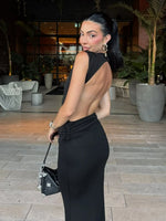 FDYOUI Elegant Sexy Sleeveless Backless Long Holiday Beach Dress Women Chic Hollow Out Solid Long Maxi Evening Party Dresses