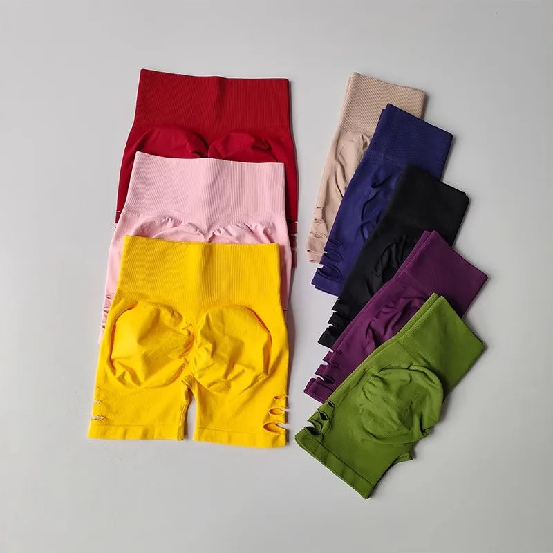 Women's High-Waist Yoga Fitness Shorts Peach Hip Lifting Perforated Elastic Breathable Three-Quarter Length Sporty Shorts