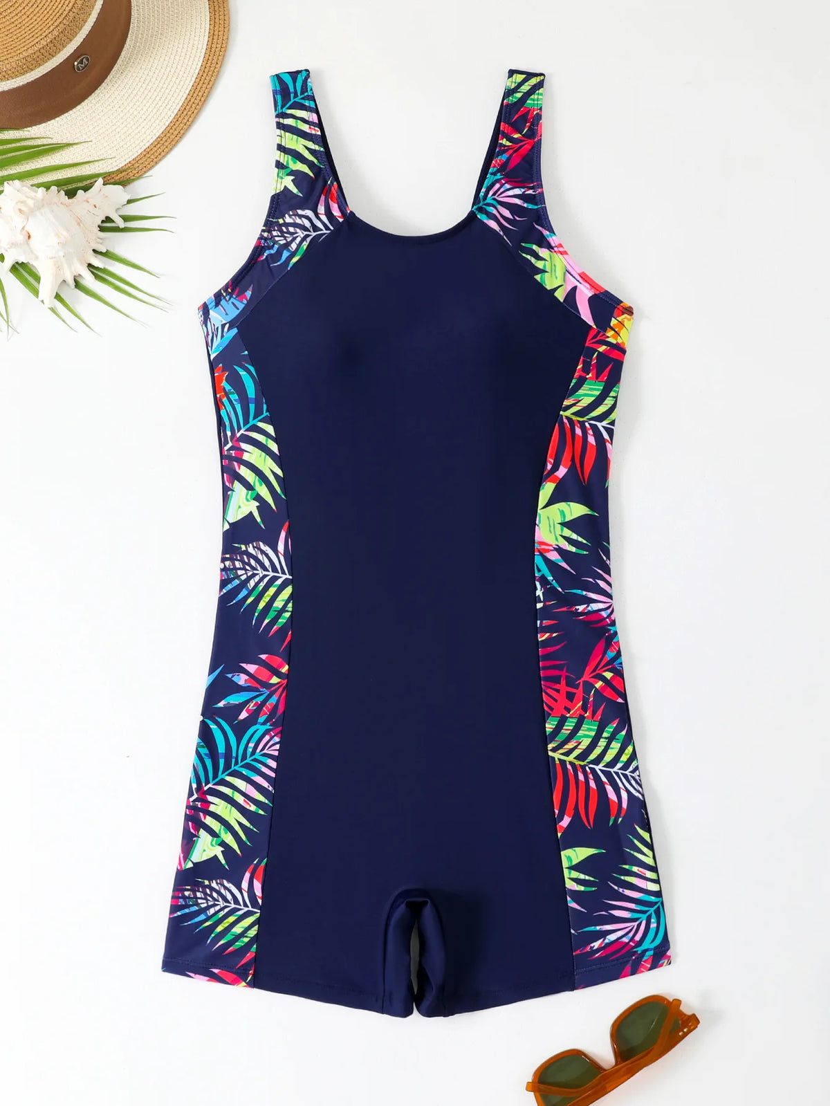 Women One-piece Sports Swimsuit Professional Training Athletic Boyleg Bathing Suit Printed Swimwear Patchwork Beach Wear Blue