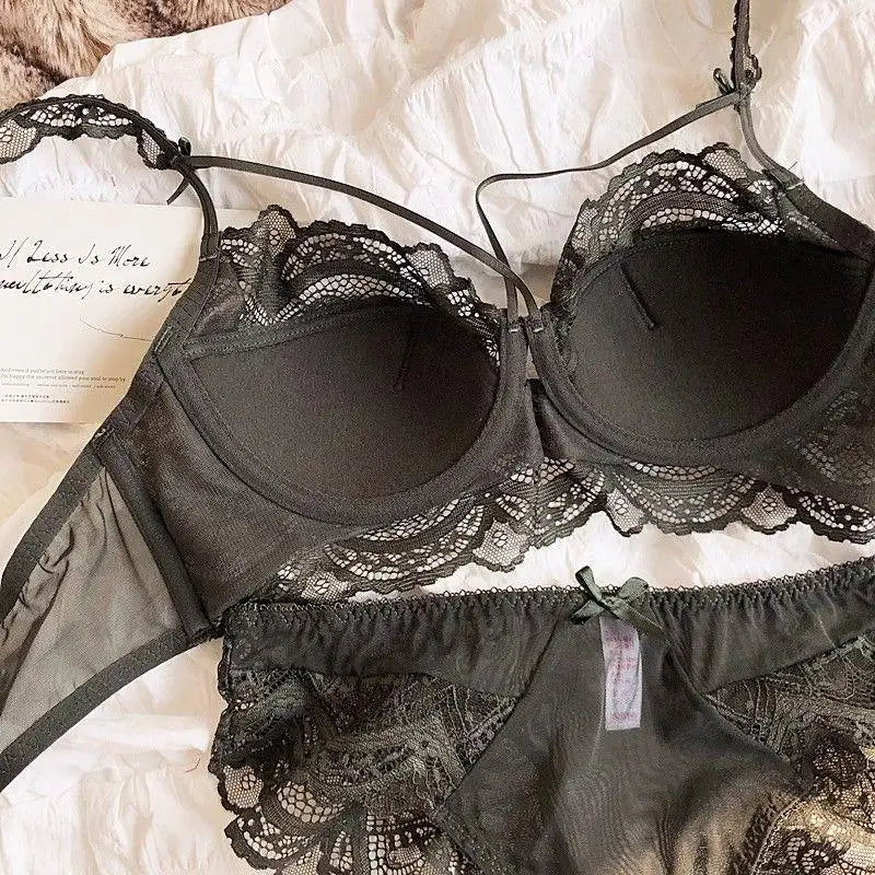 MOYISU French Pure Lace Bralette Petite Bra Set, AABB Cup with Removable Straps & Thin Push Up Pads, Soft Underwire Sexy Women's