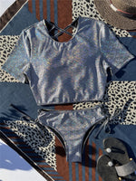 Sequin Silver Two Piece Bikini Women Short Sleeve Back Criss Cross Crop Top Swimsuit 2026 Bathing Suit Pleat High Waist Swimwear