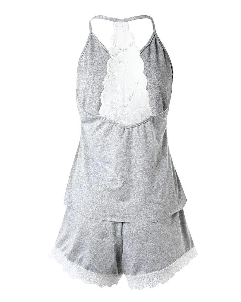 Women's Crochet Lace 2 Pieces Pajamas Sleeveless V-Neck Set Casual Sleepwear Suit Sexy Solid Home Clothes Summer Wear