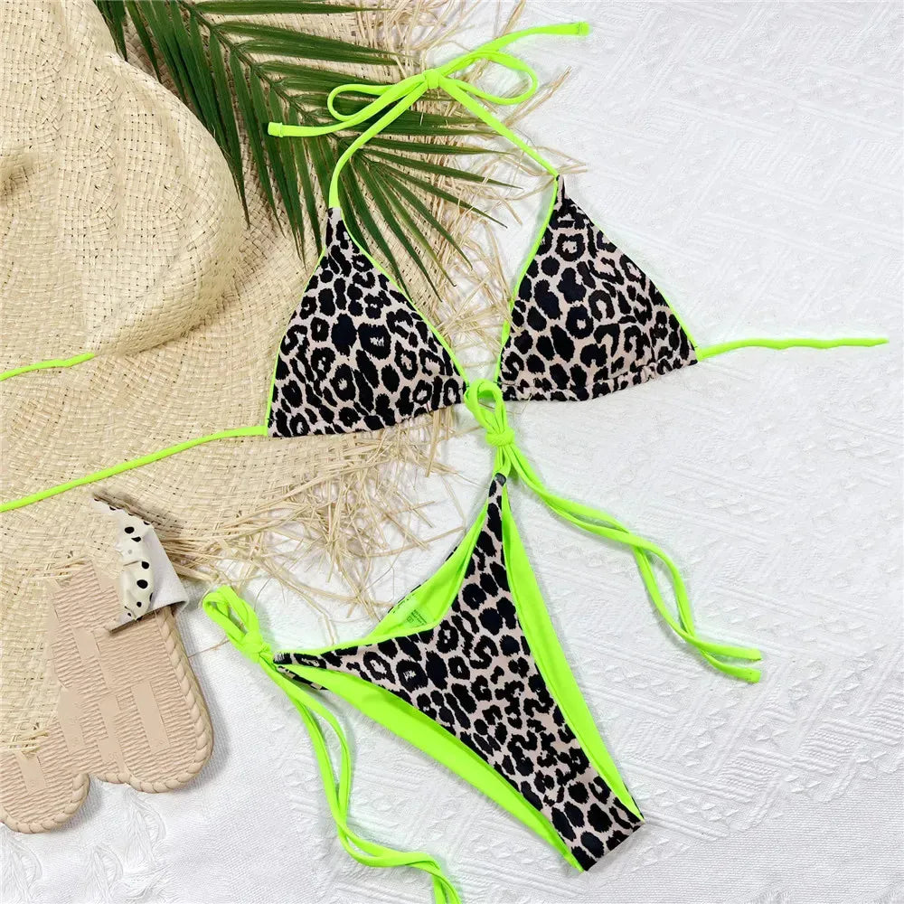 Pink Leopard Print Swimwear String Halter Triangle Bikini Set Micro Thong Sexy Swimsuit Women 2026 Bating Suit Bikinis De Mujer