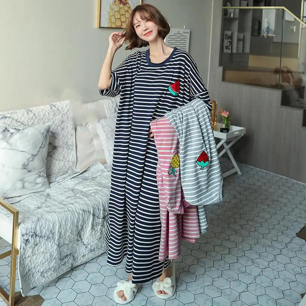 Women Summer Nightdress Short Sleeve Loose Breathable Comfortable Sleeping Polyester Stripes Print Night Robe Women Clothing