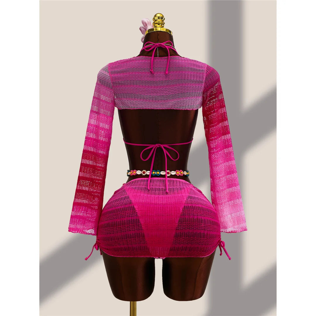 4PCS With Cover Up Skirt Gradient Bikini Women Swimwear Female Swimsuit Four-pieces Bikini set Bather Bathing Suit Swim V8303