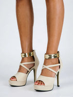 Women's Sexy Peep Toe Platform 12cm High Heel Sandals with Gold Metal Classic Ankle Strap Crisscross Stiletto Heel Party Shoes