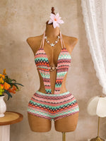 Bohemia Pink Knitted Striped Swimwear 2026 Women Metal Circle Patchwork Hollow Backless Beach Bathing Suit One Piece Swimsuit