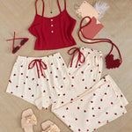 Three Piece Printed Vest Shorts and Bow Drawstring Pants Casual Women's Cute Heart-Shaped Print Paired with Home Pajamas Set
