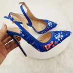 NoEnName_Null-Blue satin women's high heel sandals, dance, flowers, Silk patterned high-heeled shoes 12cmBanquet shoes