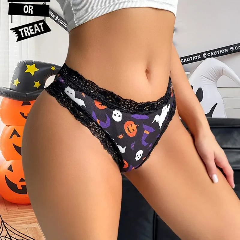 1 Pc Printed Lingerie for Women Sexy Lace Edge Wrapped Hip Underwear Halloween Themed Comfortable and Breathable Triangle Pants