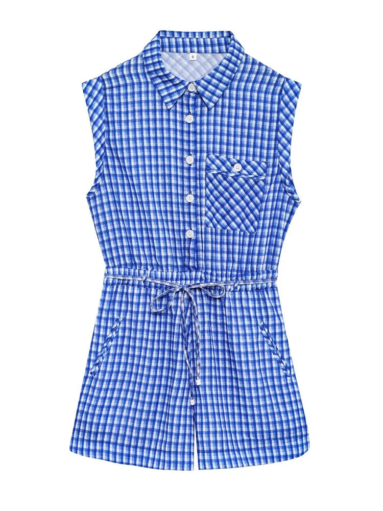 Gingham Printed Jumpsuit Women 2025 Summer Spring Wide Leg Casual Overalls for Women Cotton Linen Romper Pockets Playsuit