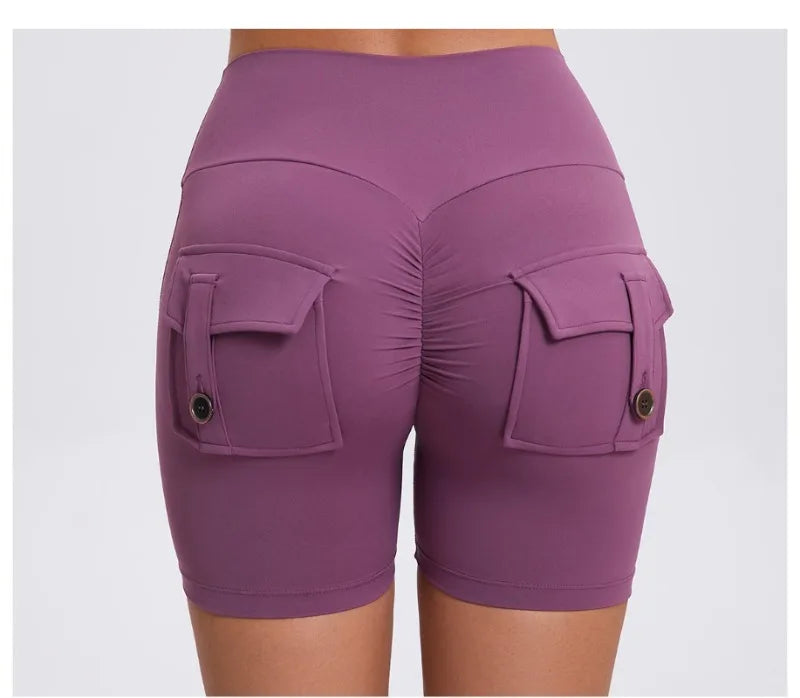 Women's Peach Lifting Yoga Shorts - High Waisted Stretchy Workout Shorts with Button Quick-Dry Tummy Control for Running Fitness