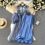 2 Pcs/Set Women Dress Suit Floral Embroidery See-through Lace Lantern Sleeves Pleated A-line Elastic Waist Dress Slip Dress Suit