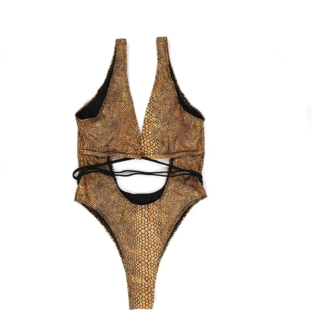 Sexy Gold Snake Print Shiny Swimwear Cut Out Monokini One Piece Swimsuits Women 2025 String Cross Bathing Swimming Suit Bodysuit